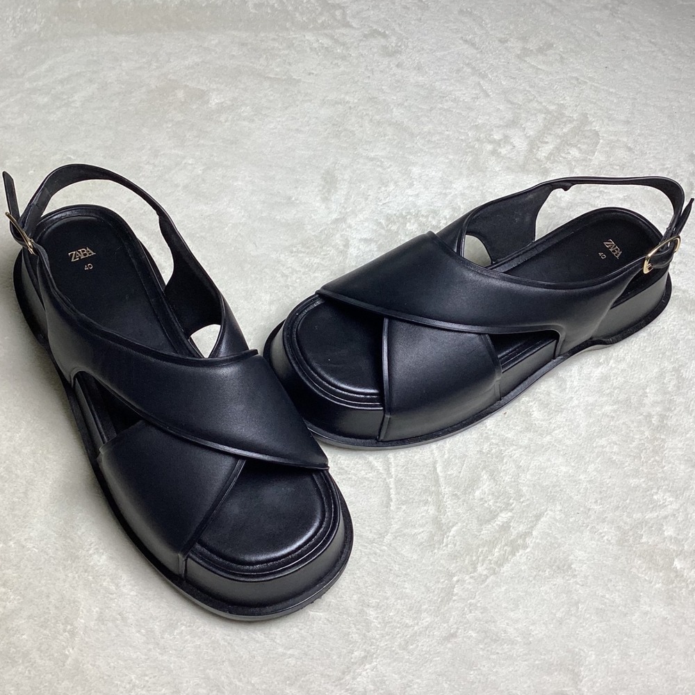 Zara Black Platform Slingback Sandals Crisscross Strap Chunky Sole Women's 40